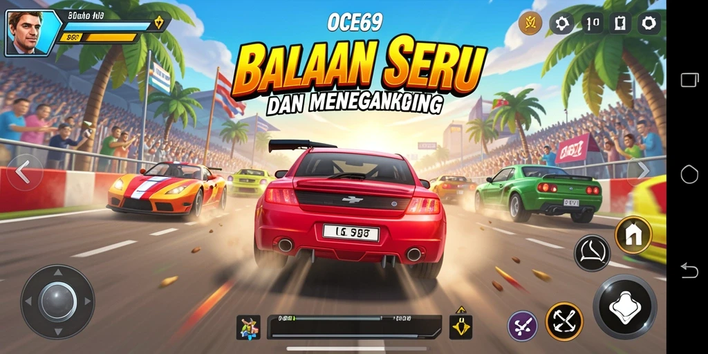 Screenshot utama OCE69 menampilkan aksi balapan yang mendebarkan.